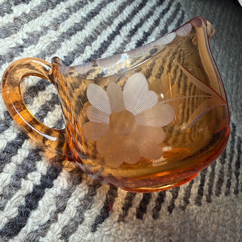 Vintage Etched Glass Creamer Pitcher Floral Depression‎ Style Cottagecore